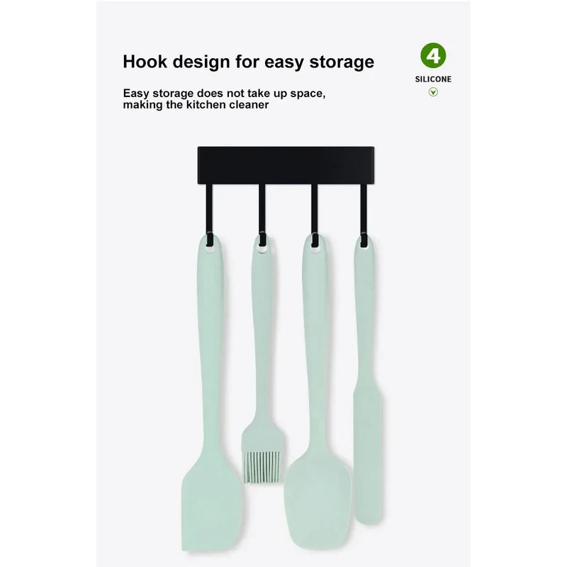 Set of four silicone kitchen utensils hanging on a black hook with text about easy storage.