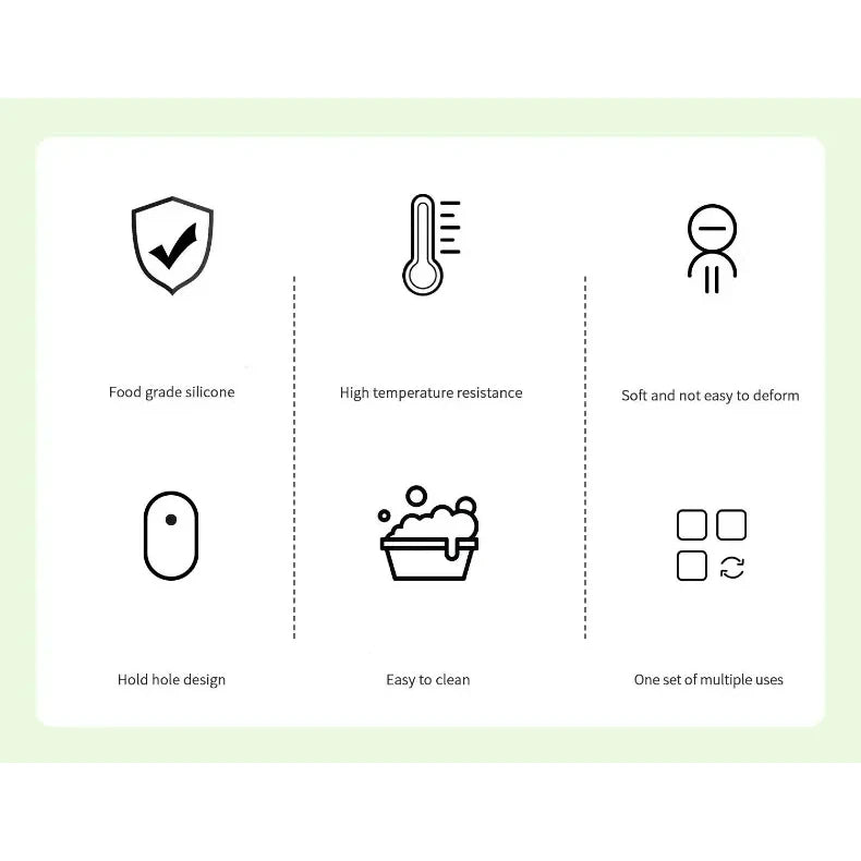 Set of icons and text describing features of a product on a light green background