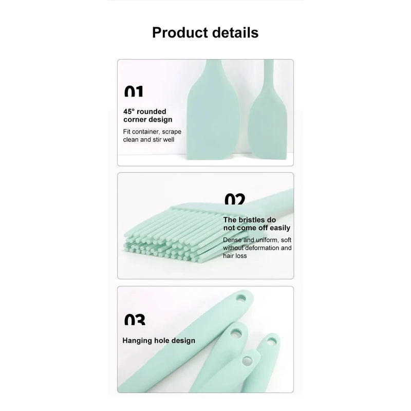 Product details of a green scrubber with features listed on a white background