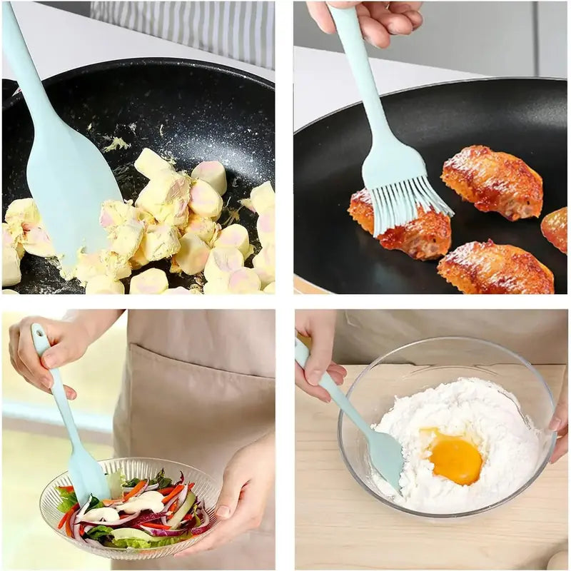 Collage of a blue spatula used in various cooking scenarios including scrambled eggs, chicken wings, salad, and an egg.