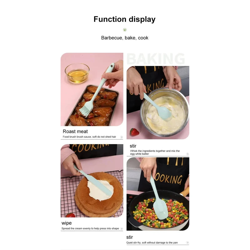 Spatula being used in various cooking scenarios with text labels on a white background.