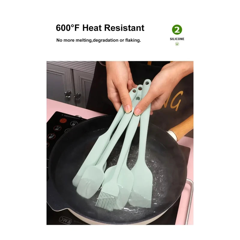 Silicone utensils being used over a frying pan with text about heat resistance.