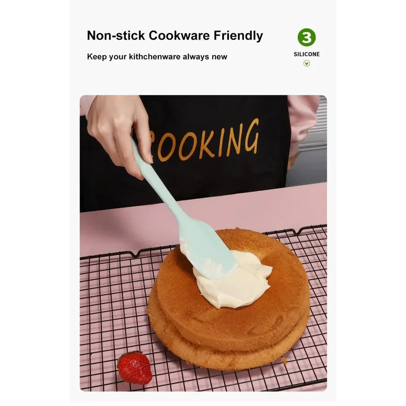 Person using a silicone spatula to frost a cake with text about non-stick cookware friendliness.
