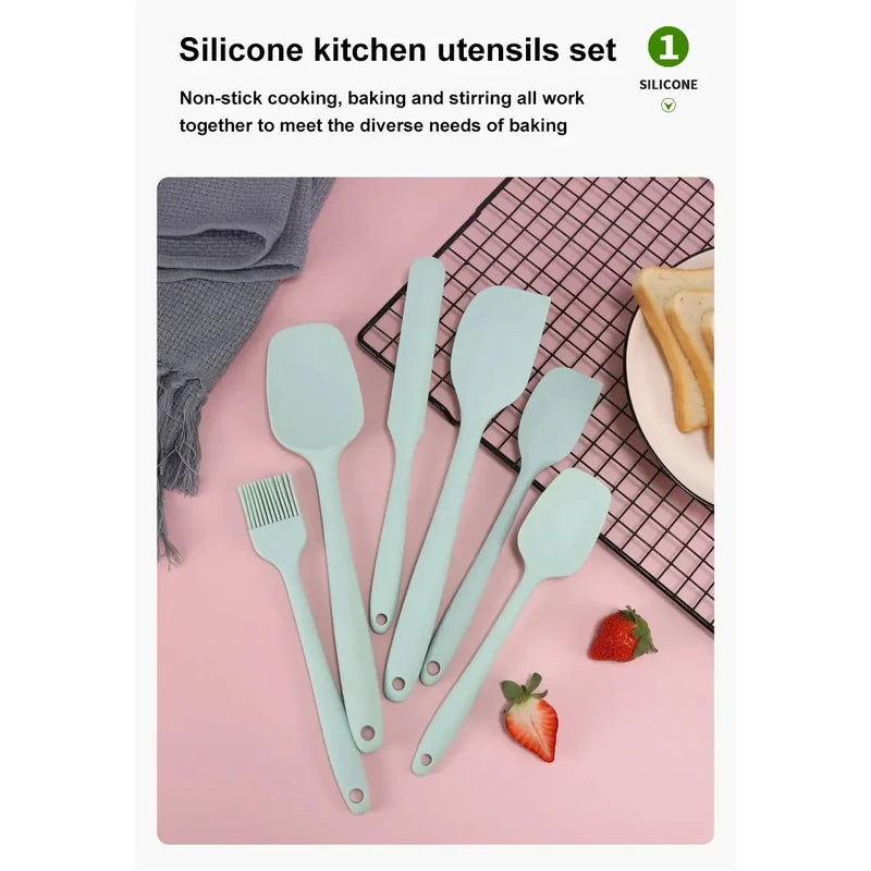 Set of silicone kitchen utensils on a pink background with text about their uses.