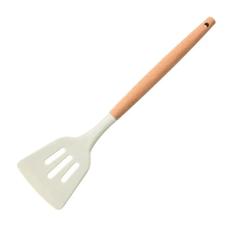 White Silicone Slotted Spatula wooden handle chef spatulas