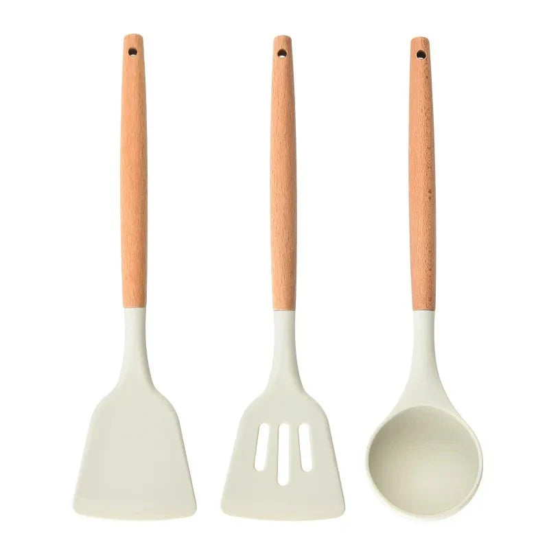 White Silicone Spatula Set wooden handle chef spatulas